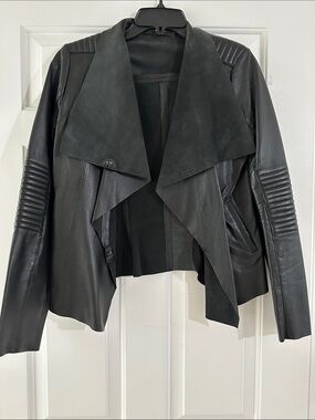 Stella & Jamie Black Draped Waterfall Leather Jacket in size Small.
